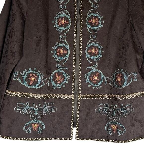 Coldwater Creek Sz L Brown Embroidered Jacquard Open Front Venice Jacket Boho - Picture 8 of 9